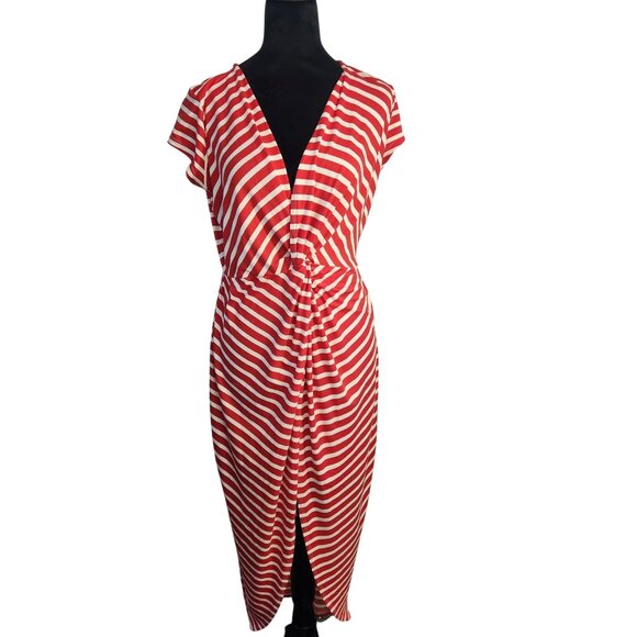 Red & White Striped V-Neck Twist Front Midi Dress Haute Monde L Christmas whimsy - Picture 1 of 5